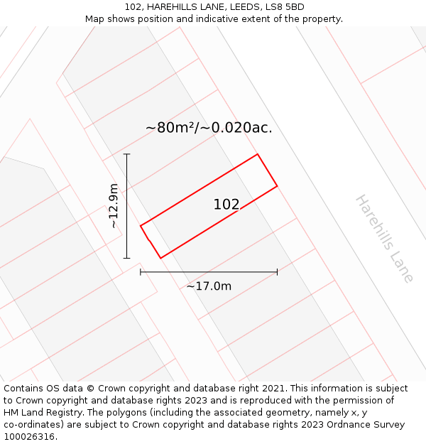 102, HAREHILLS LANE, LEEDS, LS8 5BD: Plot and title map