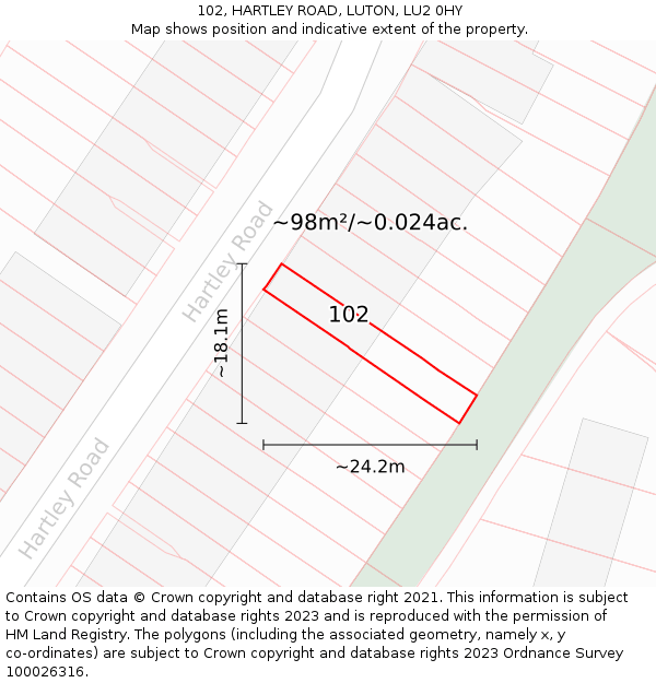 102, HARTLEY ROAD, LUTON, LU2 0HY: Plot and title map