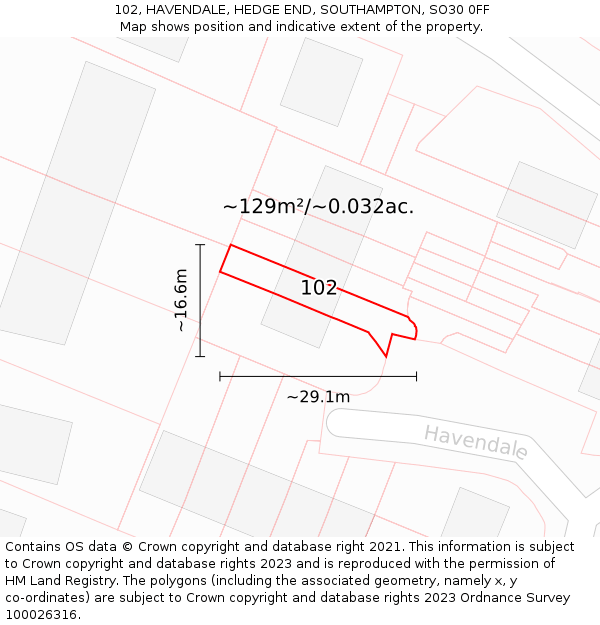 102, HAVENDALE, HEDGE END, SOUTHAMPTON, SO30 0FF: Plot and title map