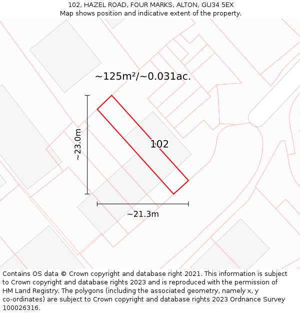 102, HAZEL ROAD, FOUR MARKS, ALTON, GU34 5EX: Plot and title map