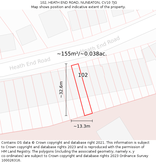 102, HEATH END ROAD, NUNEATON, CV10 7JG: Plot and title map