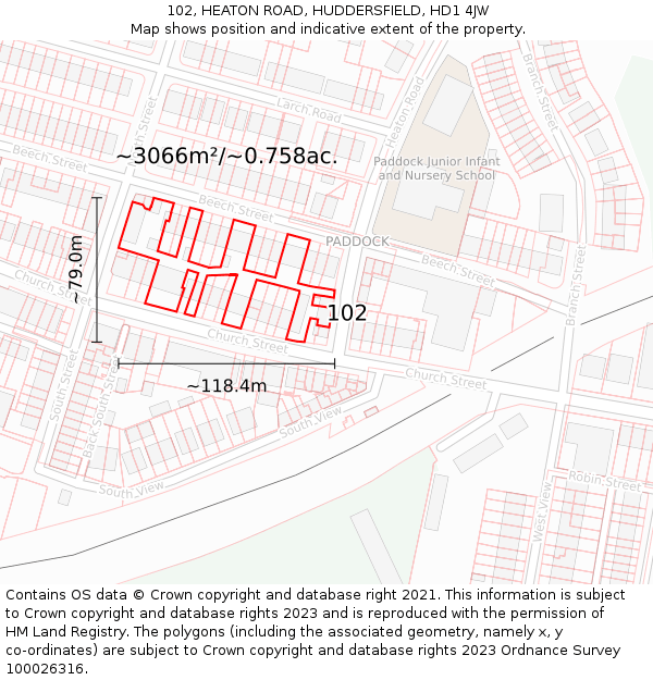 102, HEATON ROAD, HUDDERSFIELD, HD1 4JW: Plot and title map
