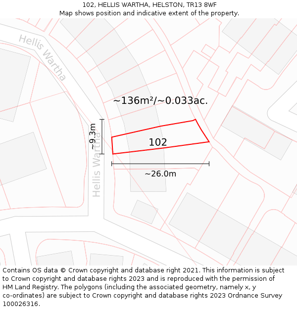 102, HELLIS WARTHA, HELSTON, TR13 8WF: Plot and title map