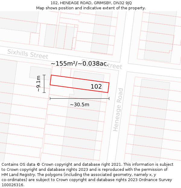 102, HENEAGE ROAD, GRIMSBY, DN32 9JQ: Plot and title map