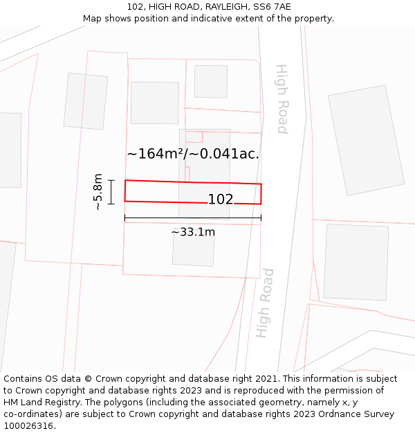 102, HIGH ROAD, RAYLEIGH, SS6 7AE: Plot and title map