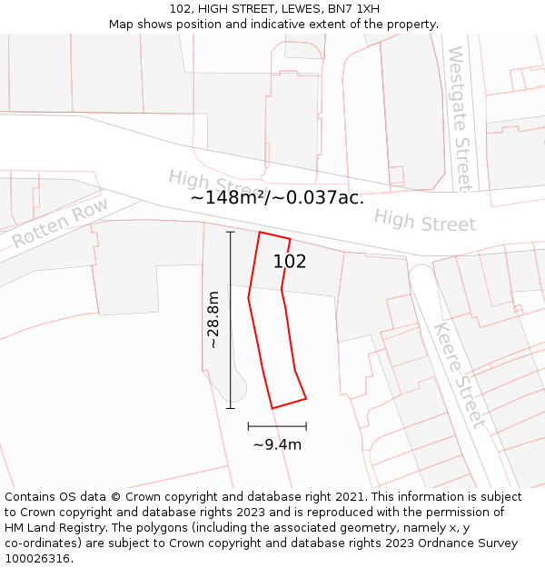 102, HIGH STREET, LEWES, BN7 1XH: Plot and title map