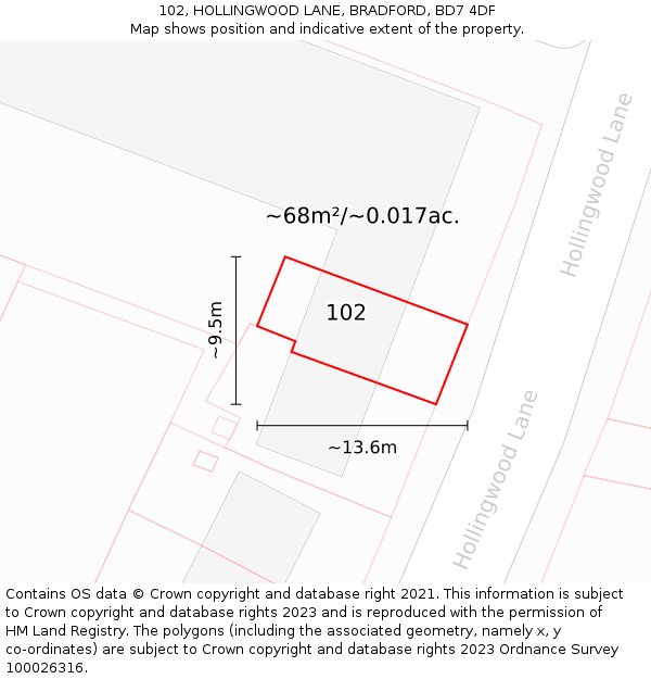 102, HOLLINGWOOD LANE, BRADFORD, BD7 4DF: Plot and title map