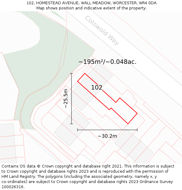 102, HOMESTEAD AVENUE, WALL MEADOW, WORCESTER, WR4 0DA: Plot and title map