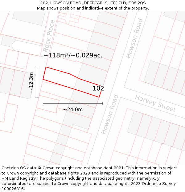 102, HOWSON ROAD, DEEPCAR, SHEFFIELD, S36 2QS: Plot and title map