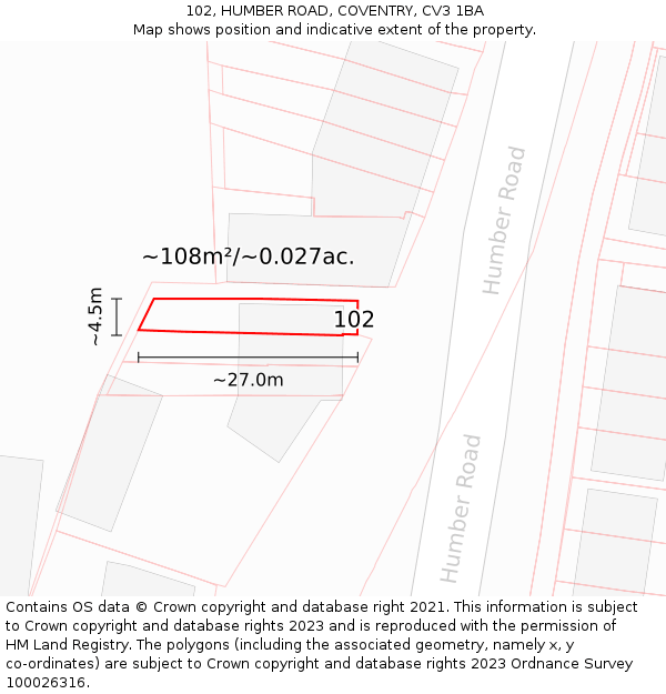 102, HUMBER ROAD, COVENTRY, CV3 1BA: Plot and title map