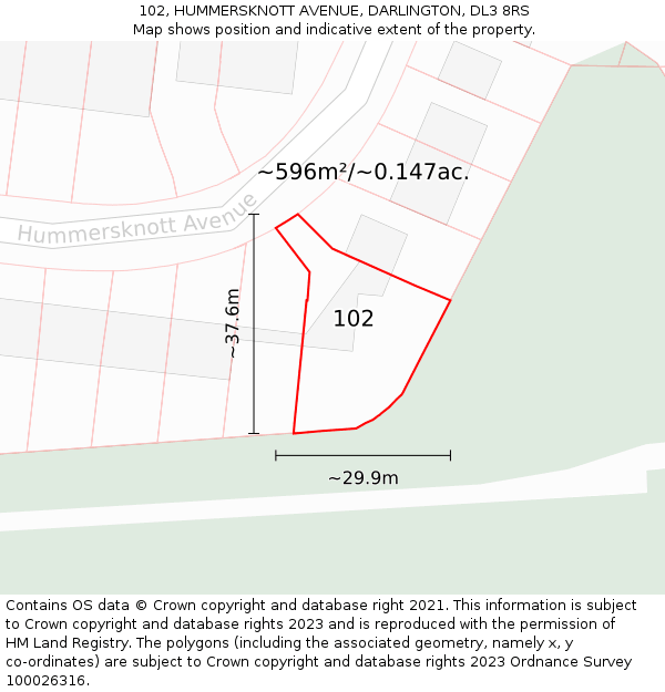 102, HUMMERSKNOTT AVENUE, DARLINGTON, DL3 8RS: Plot and title map