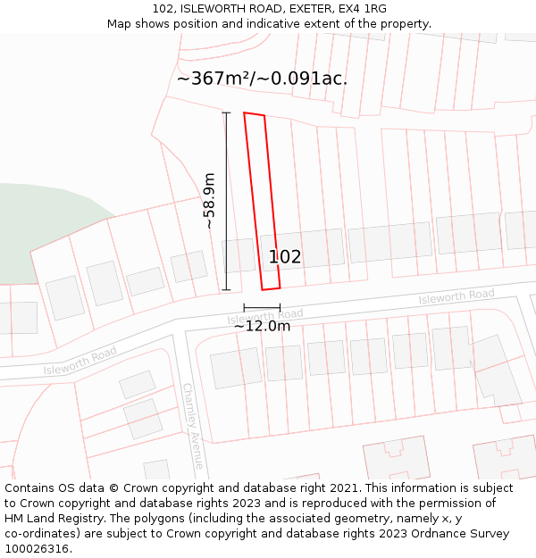 102, ISLEWORTH ROAD, EXETER, EX4 1RG: Plot and title map