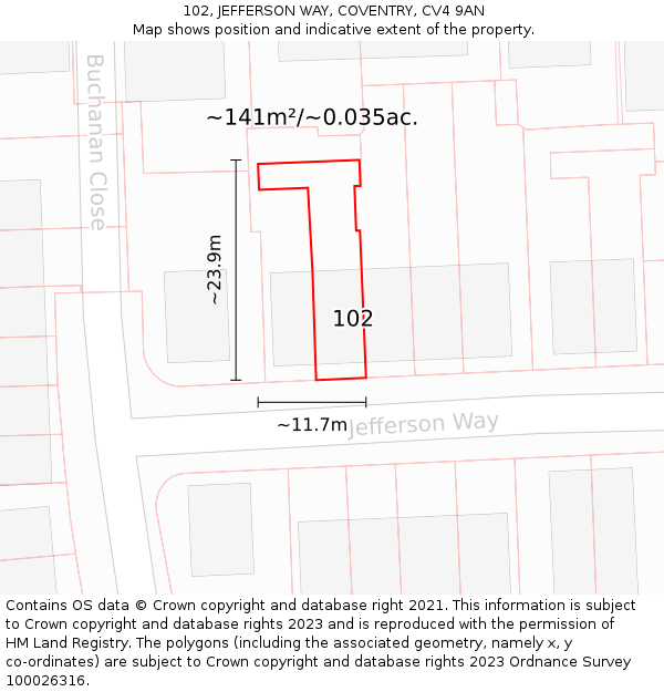 102, JEFFERSON WAY, COVENTRY, CV4 9AN: Plot and title map