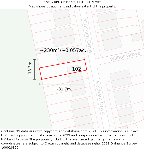 102, KIRKHAM DRIVE, HULL, HU5 2BT: Plot and title map