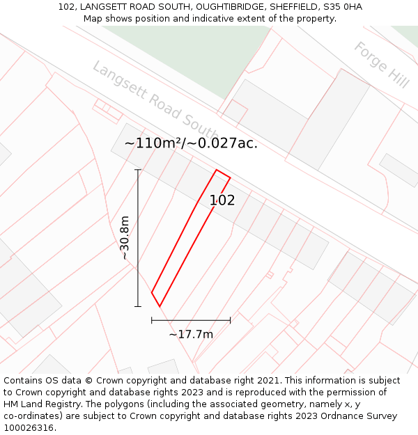 102, LANGSETT ROAD SOUTH, OUGHTIBRIDGE, SHEFFIELD, S35 0HA: Plot and title map