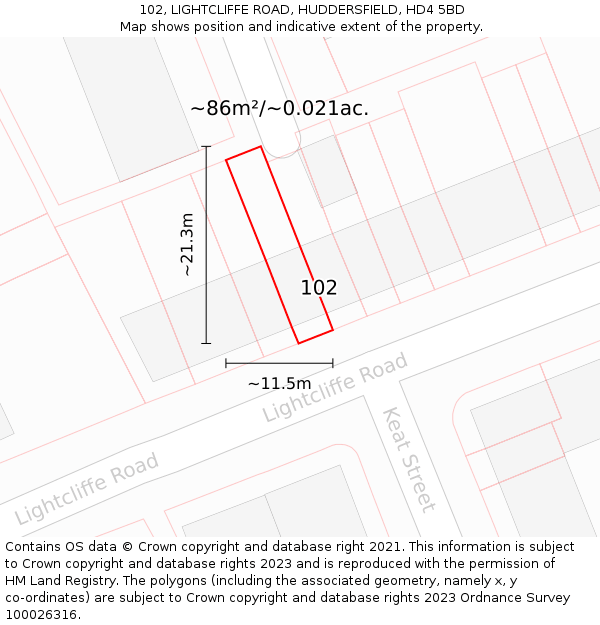 102, LIGHTCLIFFE ROAD, HUDDERSFIELD, HD4 5BD: Plot and title map