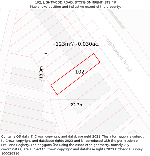 102, LIGHTWOOD ROAD, STOKE-ON-TRENT, ST3 4JF: Plot and title map