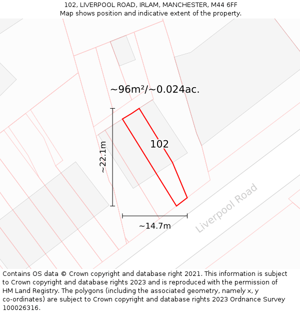 102, LIVERPOOL ROAD, IRLAM, MANCHESTER, M44 6FF: Plot and title map