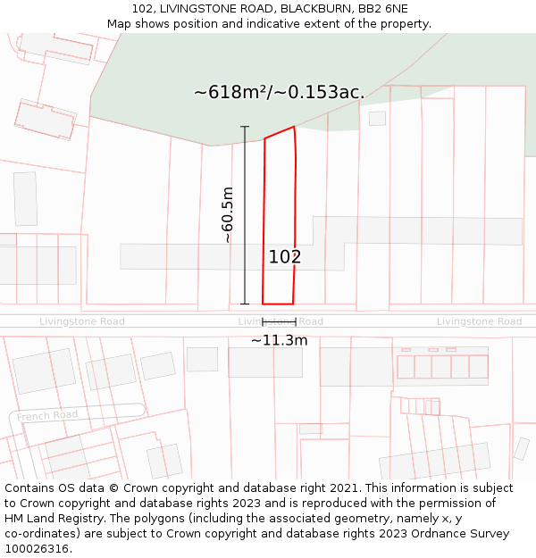 102, LIVINGSTONE ROAD, BLACKBURN, BB2 6NE: Plot and title map