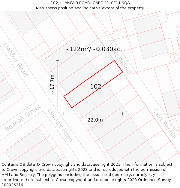 102, LLANFAIR ROAD, CARDIFF, CF11 9QA: Plot and title map