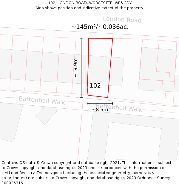 102, LONDON ROAD, WORCESTER, WR5 2DY: Plot and title map