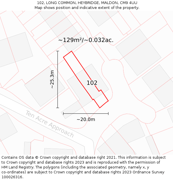 102, LONG COMMON, HEYBRIDGE, MALDON, CM9 4UU: Plot and title map