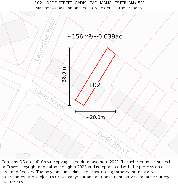 102, LORDS STREET, CADISHEAD, MANCHESTER, M44 5FF: Plot and title map