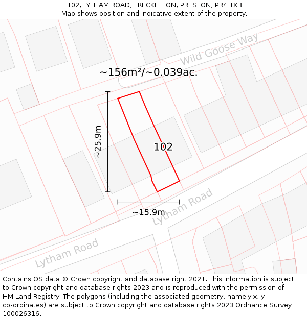 102, LYTHAM ROAD, FRECKLETON, PRESTON, PR4 1XB: Plot and title map