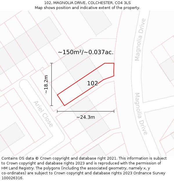 102, MAGNOLIA DRIVE, COLCHESTER, CO4 3LS: Plot and title map