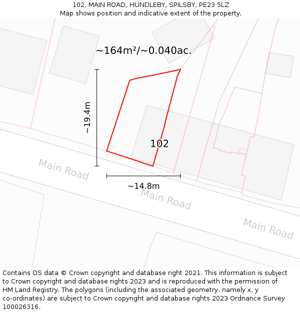 102, MAIN ROAD, HUNDLEBY, SPILSBY, PE23 5LZ: Plot and title map
