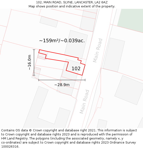 102, MAIN ROAD, SLYNE, LANCASTER, LA2 6AZ: Plot and title map