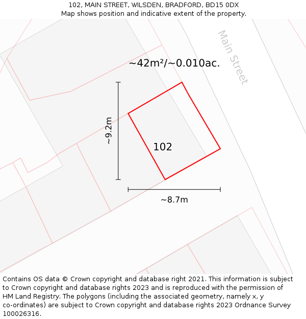 102, MAIN STREET, WILSDEN, BRADFORD, BD15 0DX: Plot and title map