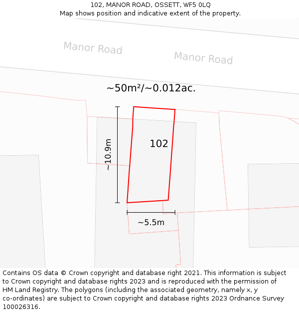 102, MANOR ROAD, OSSETT, WF5 0LQ: Plot and title map