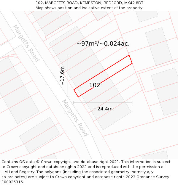 102, MARGETTS ROAD, KEMPSTON, BEDFORD, MK42 8DT: Plot and title map