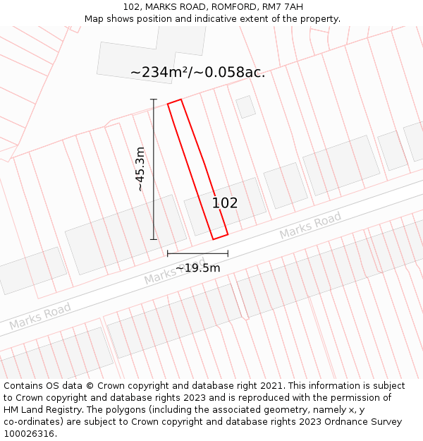 102, MARKS ROAD, ROMFORD, RM7 7AH: Plot and title map