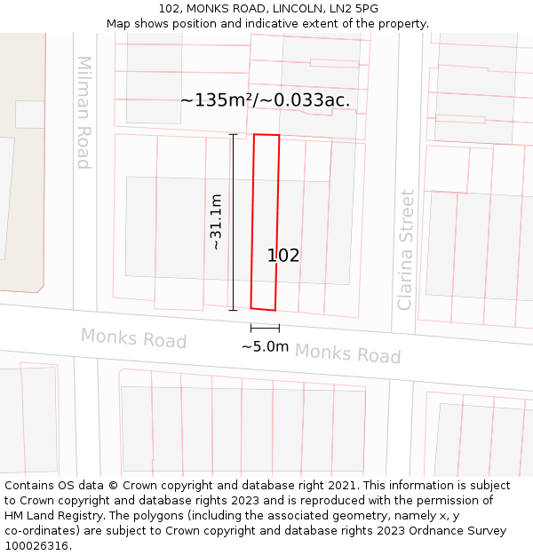 102, MONKS ROAD, LINCOLN, LN2 5PG: Plot and title map