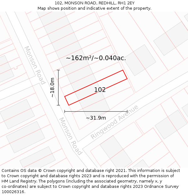 102, MONSON ROAD, REDHILL, RH1 2EY: Plot and title map