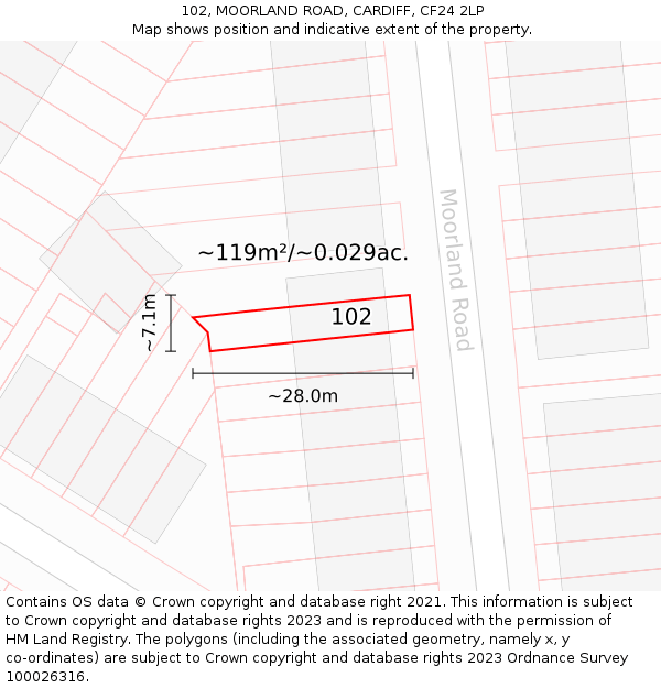 102, MOORLAND ROAD, CARDIFF, CF24 2LP: Plot and title map