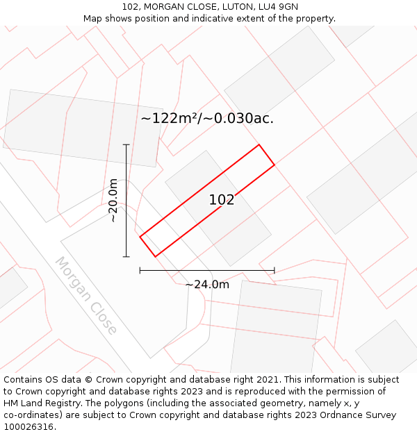 102, MORGAN CLOSE, LUTON, LU4 9GN: Plot and title map