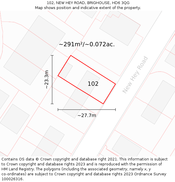 102, NEW HEY ROAD, BRIGHOUSE, HD6 3QG: Plot and title map