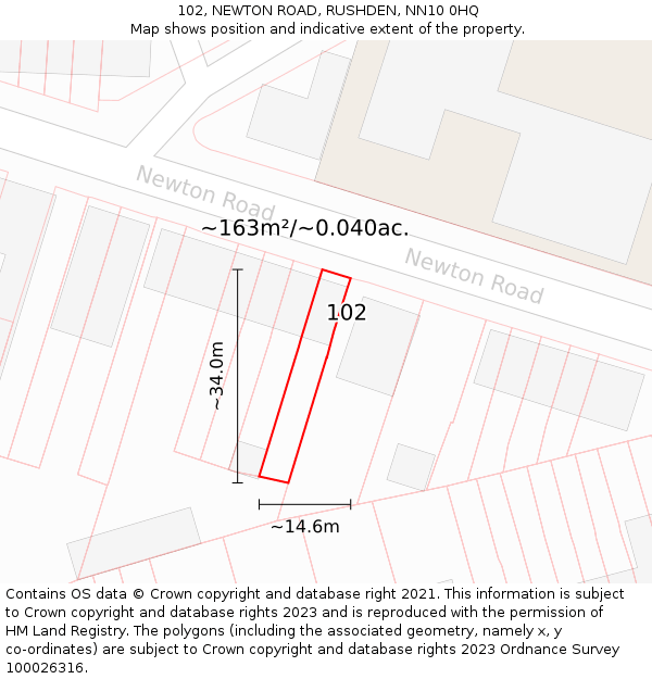 102, NEWTON ROAD, RUSHDEN, NN10 0HQ: Plot and title map