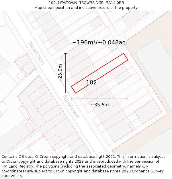102, NEWTOWN, TROWBRIDGE, BA14 0BB: Plot and title map
