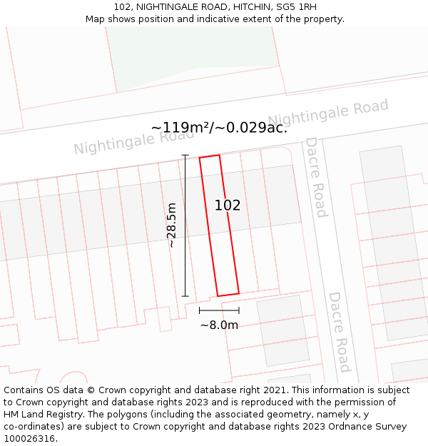 102, NIGHTINGALE ROAD, HITCHIN, SG5 1RH: Plot and title map