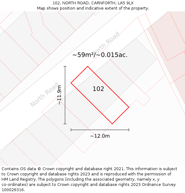 102, NORTH ROAD, CARNFORTH, LA5 9LX: Plot and title map