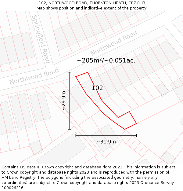 102, NORTHWOOD ROAD, THORNTON HEATH, CR7 8HR: Plot and title map