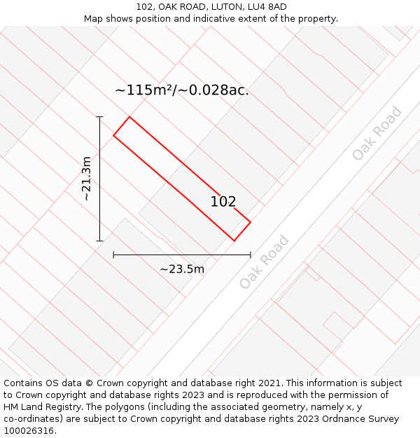 102, OAK ROAD, LUTON, LU4 8AD: Plot and title map