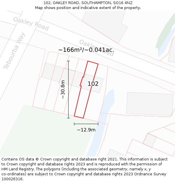 102, OAKLEY ROAD, SOUTHAMPTON, SO16 4NZ: Plot and title map