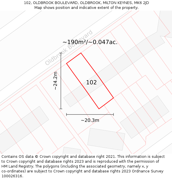 102, OLDBROOK BOULEVARD, OLDBROOK, MILTON KEYNES, MK6 2JD: Plot and title map