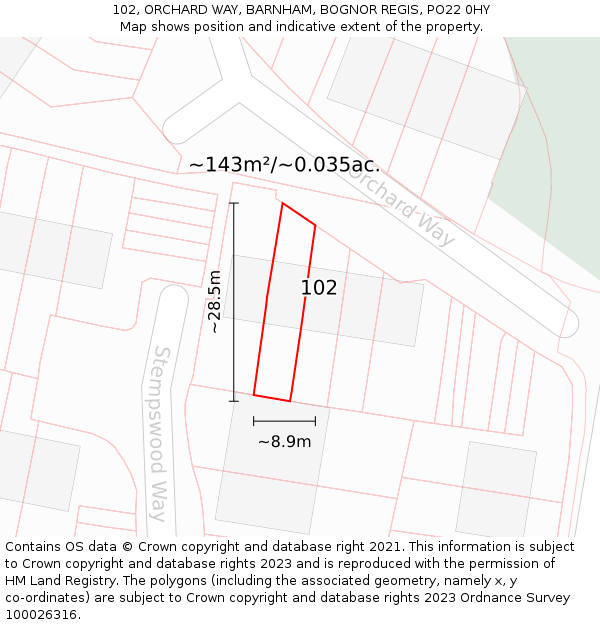 102, ORCHARD WAY, BARNHAM, BOGNOR REGIS, PO22 0HY: Plot and title map