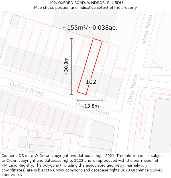 102, OXFORD ROAD, WINDSOR, SL4 5DU: Plot and title map